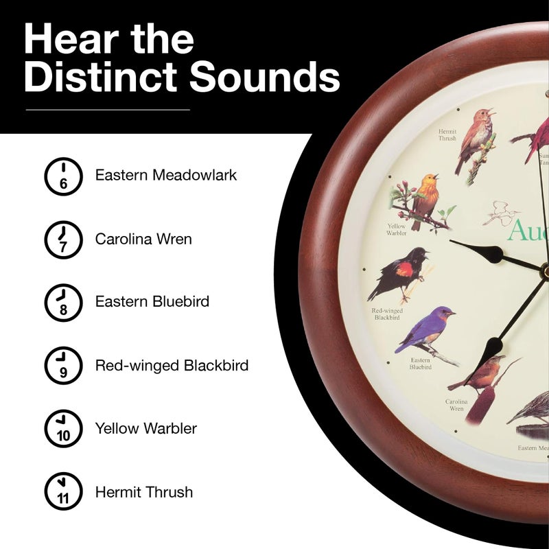 Mark Feldstein & Associates Mark Feldstein, Audubon Singing Bird Wall Clock, 13 Inch, Premium Cherry - Image 5